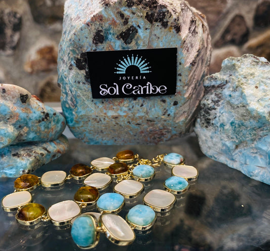 PULSERA CON LARIMAR Y NACAR O AMBAR